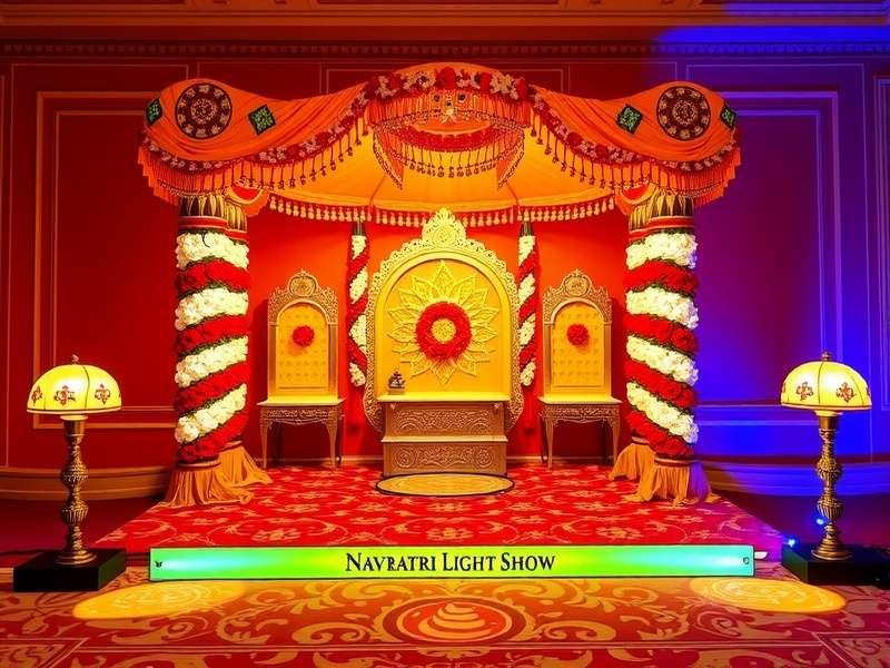 Navratri Light Show Game Banner featuring traditional mandap decor and light arrangements